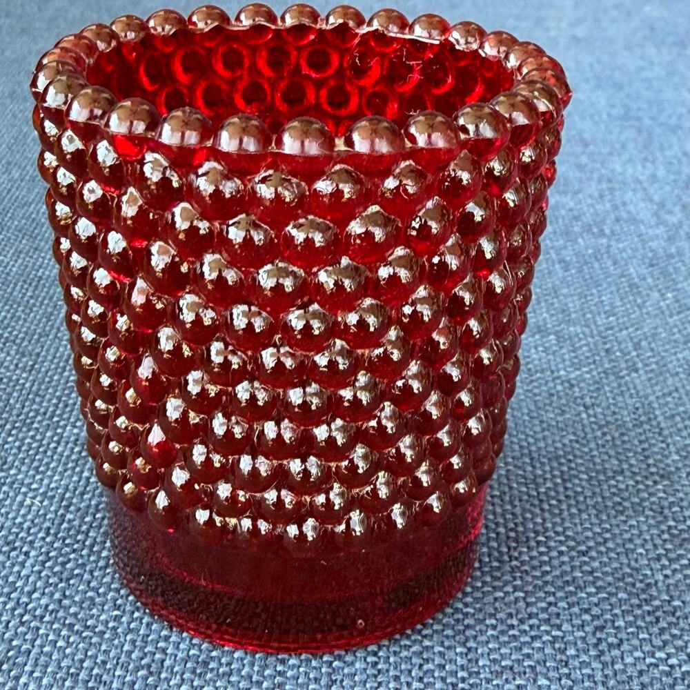Vintage Ruby Red Hobnail Glass Votive Candle Holder Toothpick Holder Bubble